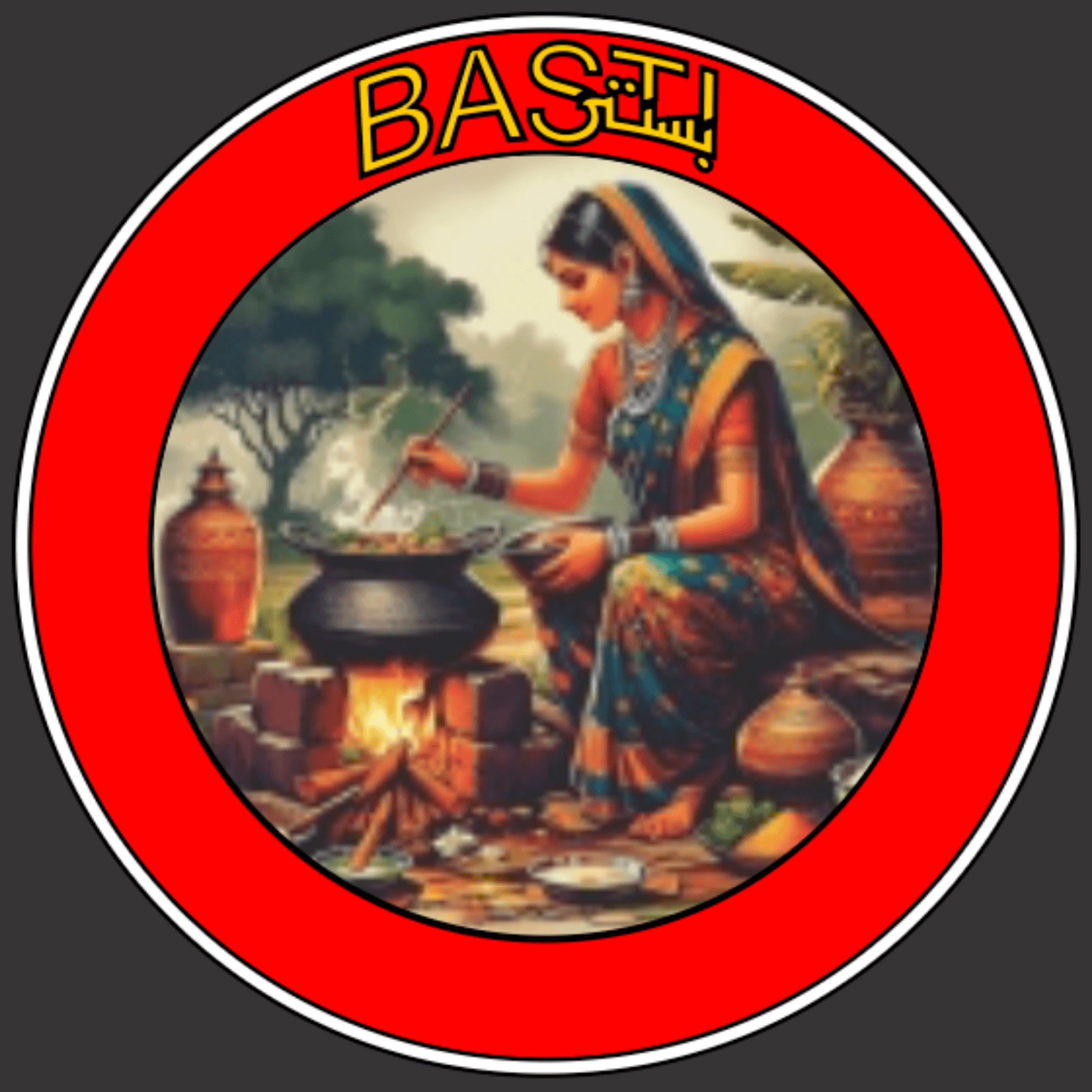 Basti Restaurant circular logo — woman cooking over a tandoor